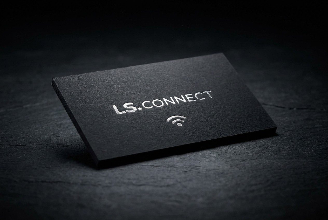 Cartão de visita preto da LS.CONNECT com logo prateado em relevo